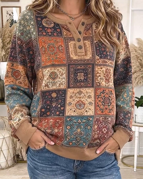 Sweatshirt Rundhals Geknöpft Karomuster Kontrast
