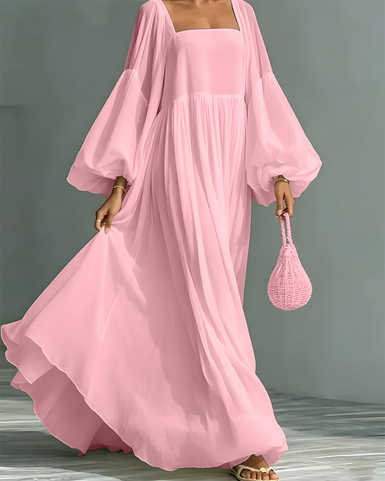 Kleid Quadratischer Ausschnitt Puff Ärmel Fee Maxi