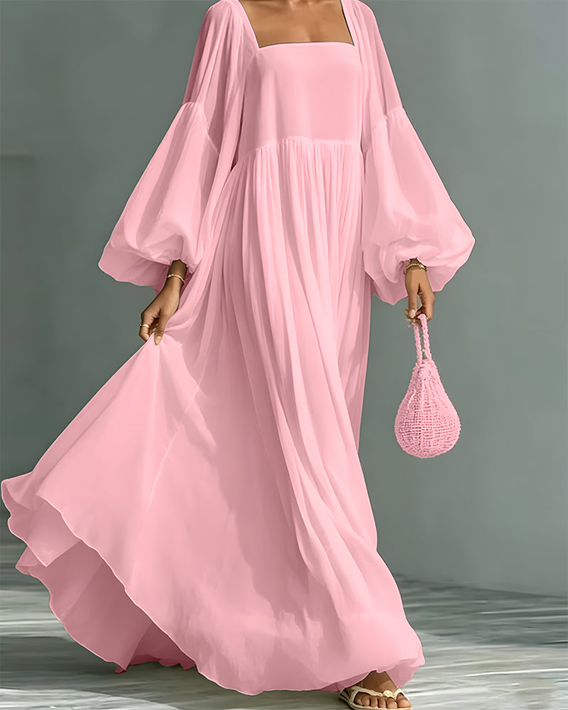 Kleid Quadratischer Ausschnitt Puff Ärmel Fee Maxi