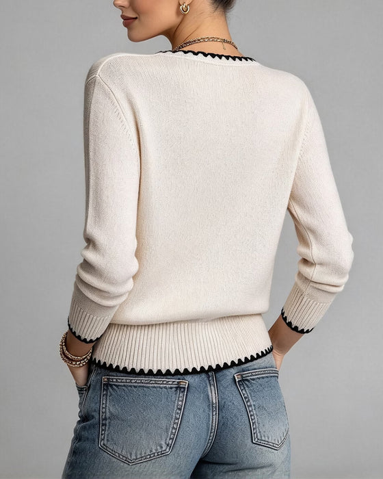 Strickjacke V-Ausschnitt Knopf Kontrast