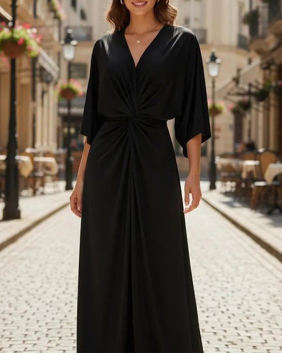 Einfarbiges V‑Ausschnitt Freizeitkleid