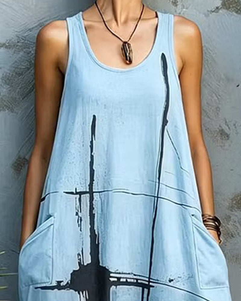 Lässiges Bedrucktes Ärmelloses Maxikleid