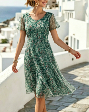 Kleid Blumig Kurzarm A-Linie