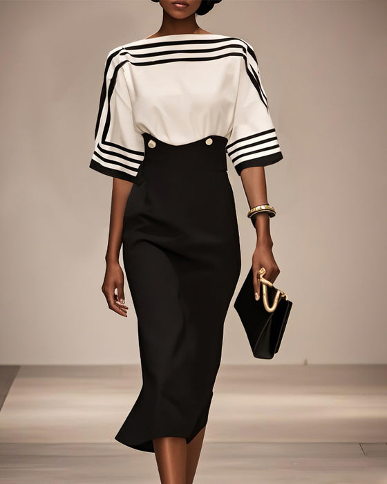 Kleid Stilvoll Gestreift Kontrast Taille