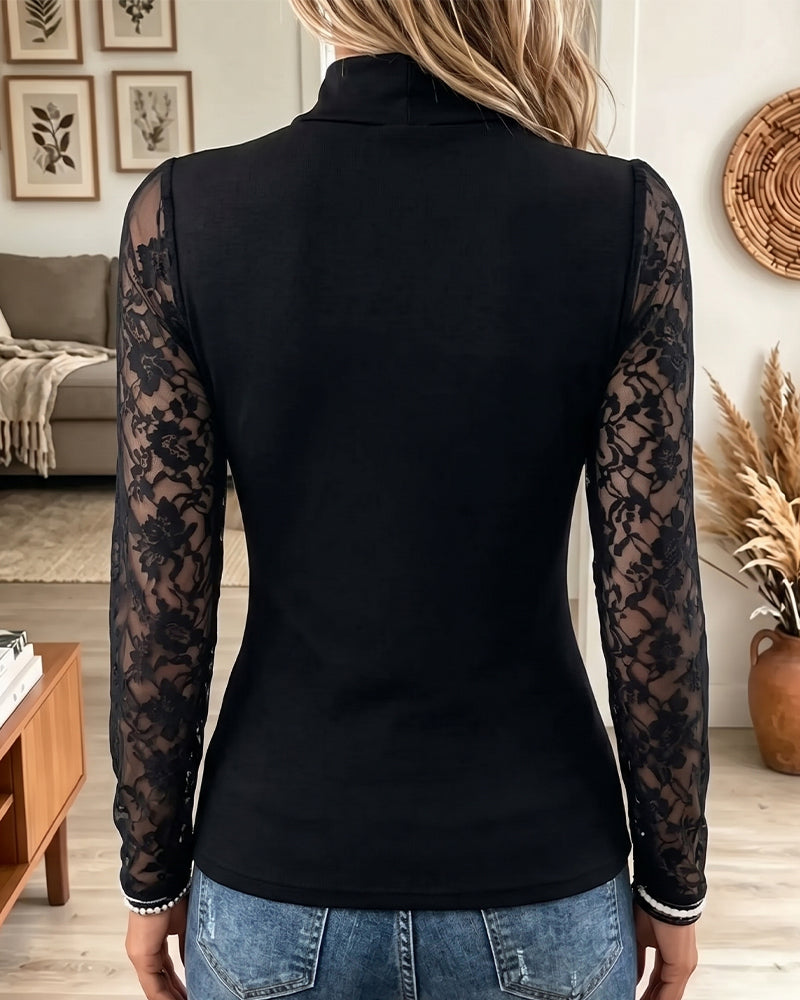 Top Hoher Hals Durchbrochen Spitze Patchwork Schmal Geschnitten