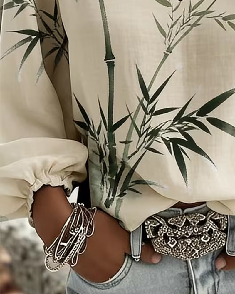 Bluse Nebel Tintenstil Bambusdruck V-Ausschnitt Puffärmeln