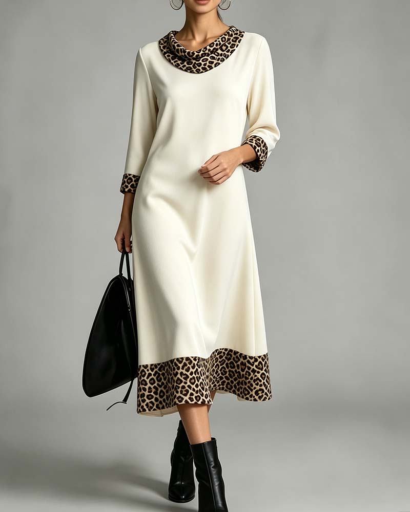 Kleid Slouchy Mock Neck Leopard Ellenbogenlang Ärmel