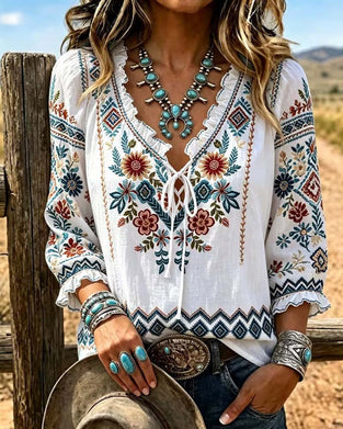 Bluse V-Ausschnitt Bohemian Rüsche