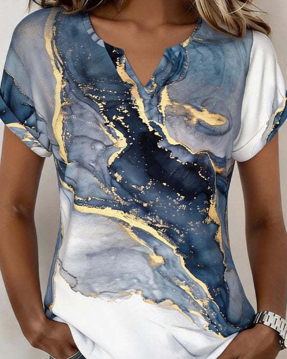 T-Shirt Marmor Druck V-Ausschnitt