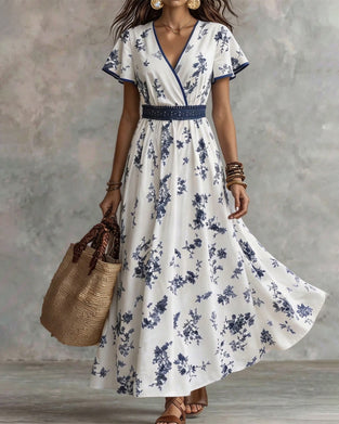 Kleid V-Ausschnitt Taillengerafft Blumen Maxi