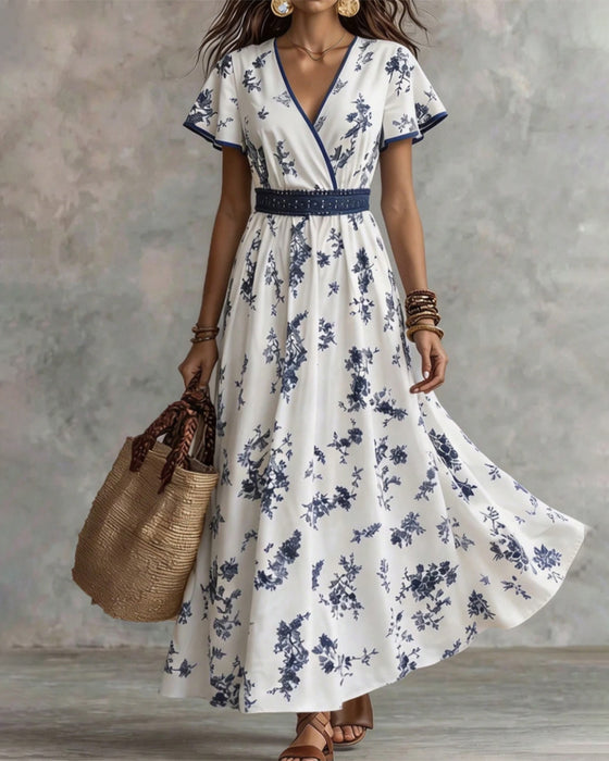 Kleid V-Ausschnitt Taillengerafft Blumen Maxi