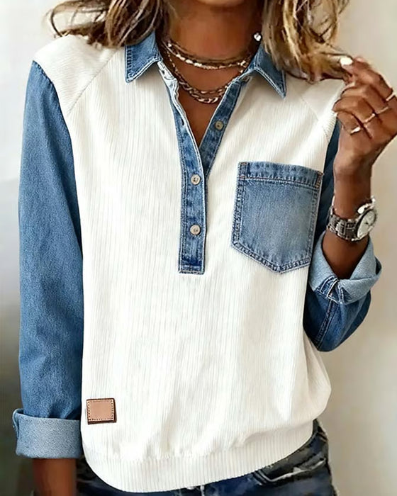 Sweatshirt Knopf-Revers Colorblock Genaht