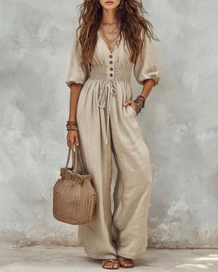 Overall V-Ausschnitt Knopf Elastische Taille Puffärmel