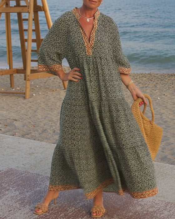 Kleid V-Ausschnitt Dreiviertelärmel Druck Urlaub