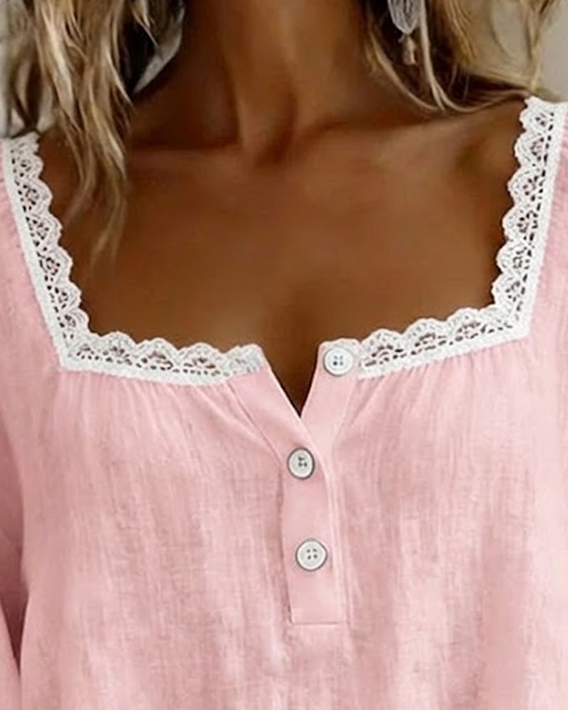 Bluse mit eckigem Ausschnitt Spitze Puffärmel