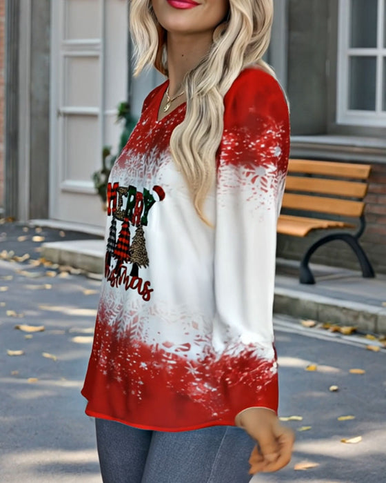 Top V-Ausschnitt Weihnachtsbaum-Print langärmlig