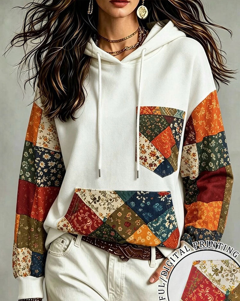 Hoodie Patchwork Druck Mit Kapuze