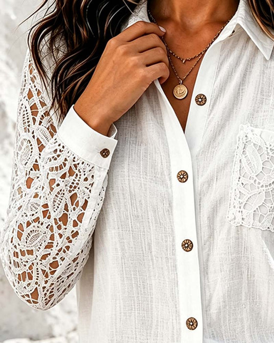 Bluse Spitze Patchwork Langer Ärmel