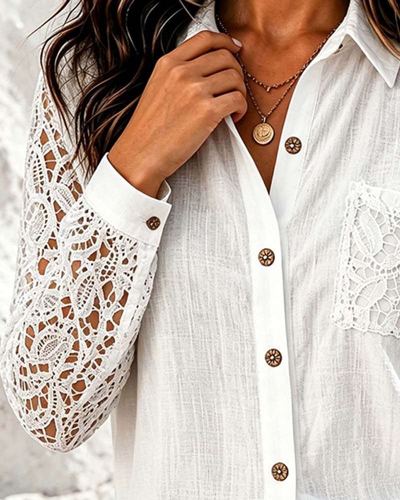 Bluse Spitze Patchwork Langer Ärmel