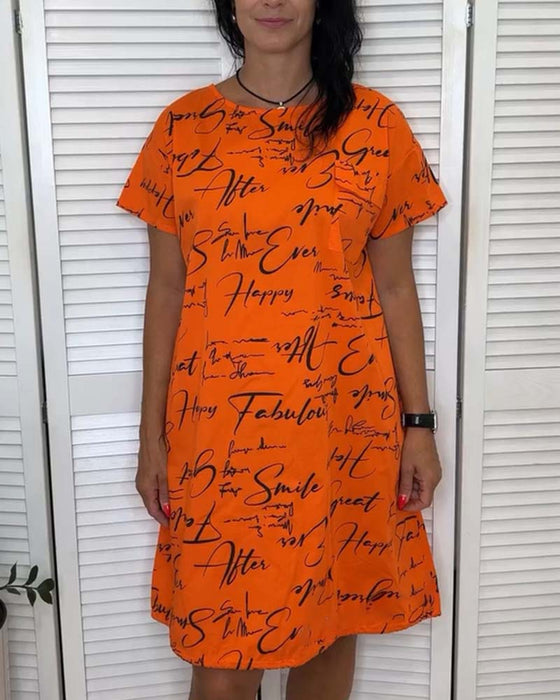Kleid Rundhalsausschnitt Schriftzug Kurzarm