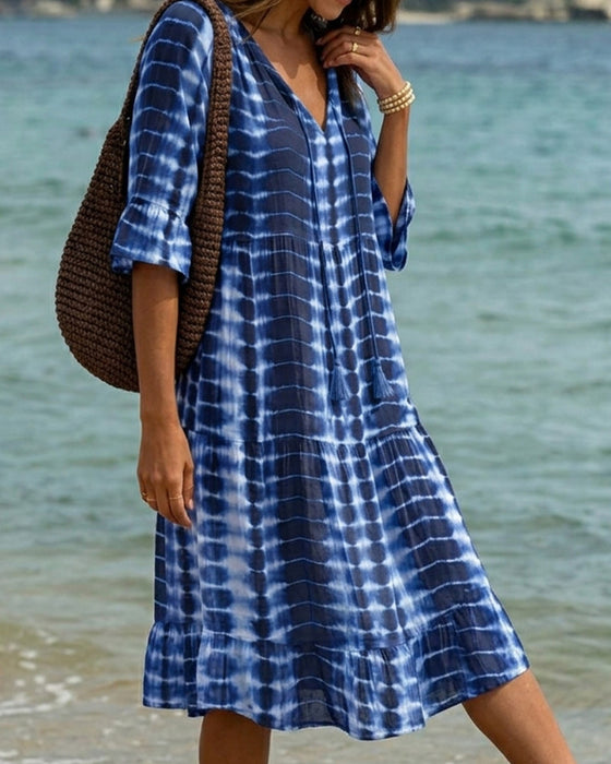 Kleid V-Ausschnitt Blauton Print