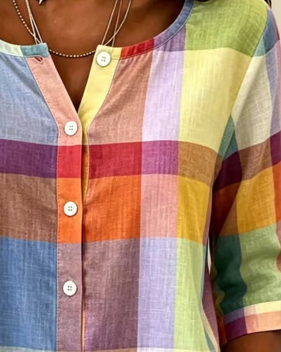 Bluse Bunt Karo Knopf Vorne Locker
