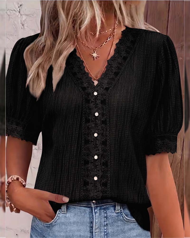 Bluse Spitze Patchwork V-Ausschnitt Puff Ärmel