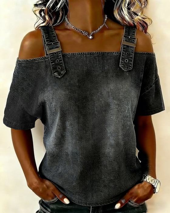 Bluse Off-Shoulder Mit Schulterriemen Denim