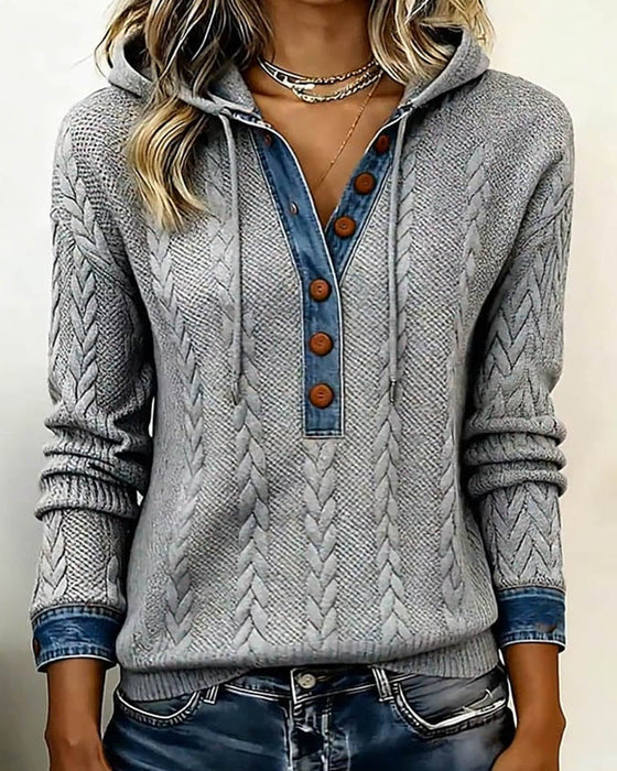 Color-blocking Langarm-Hoodie mit Knöpfen