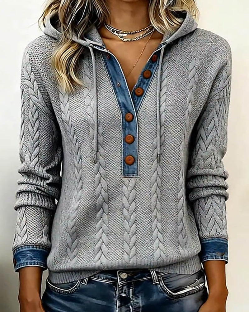 Color-blocking Langarm-Hoodie mit Knöpfen