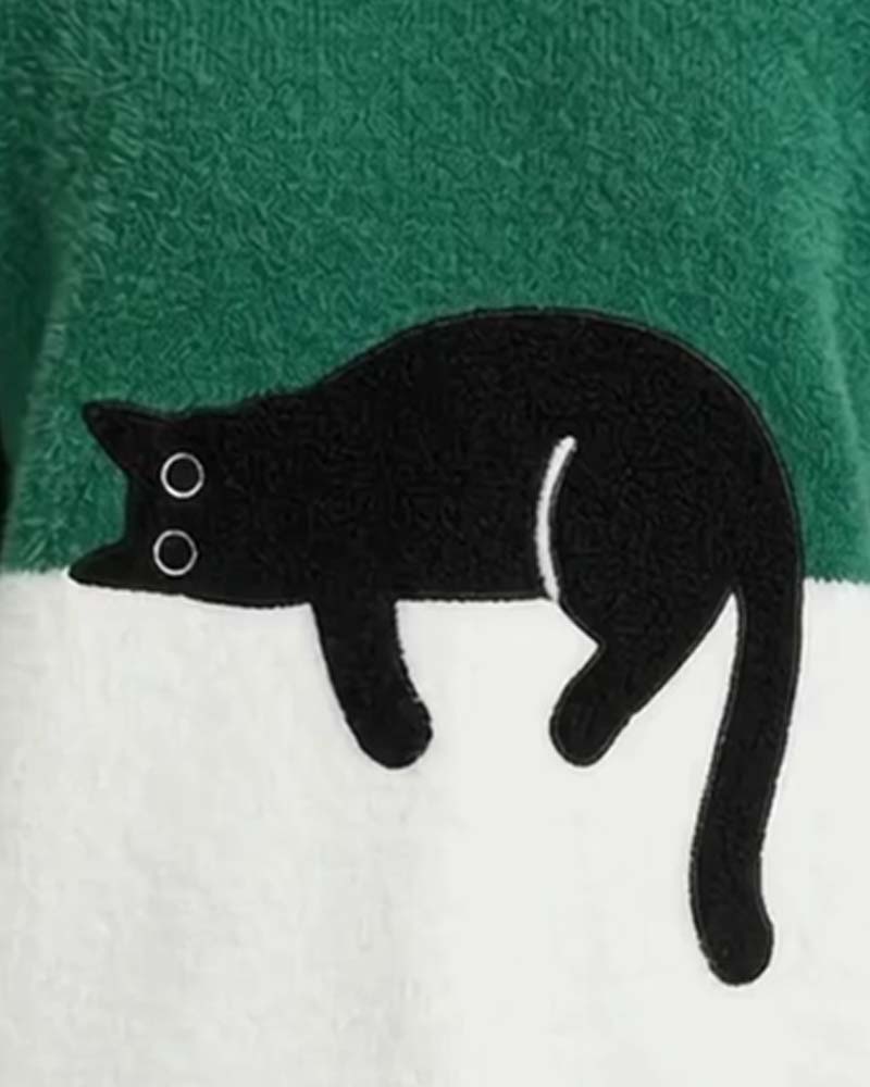 Pullover Rundhals Kontrastfarbe Katze