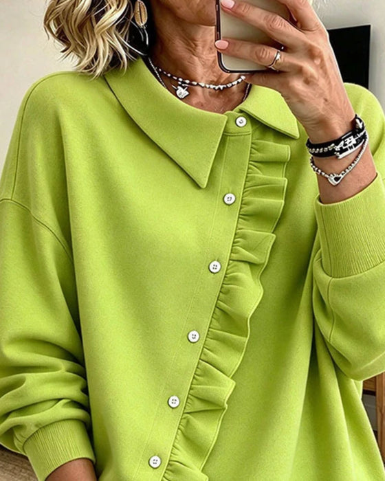 Sweatshirt Revers Rüschen Diagonal Knopf