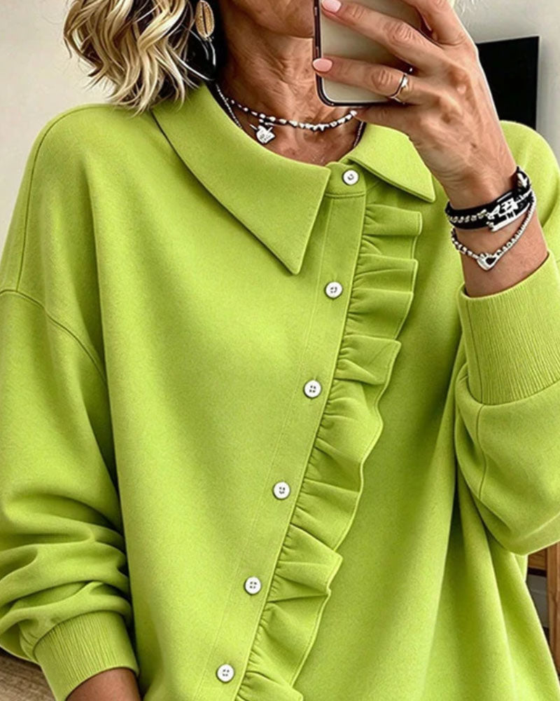 Sweatshirt Revers Rüschen Diagonal Knopf