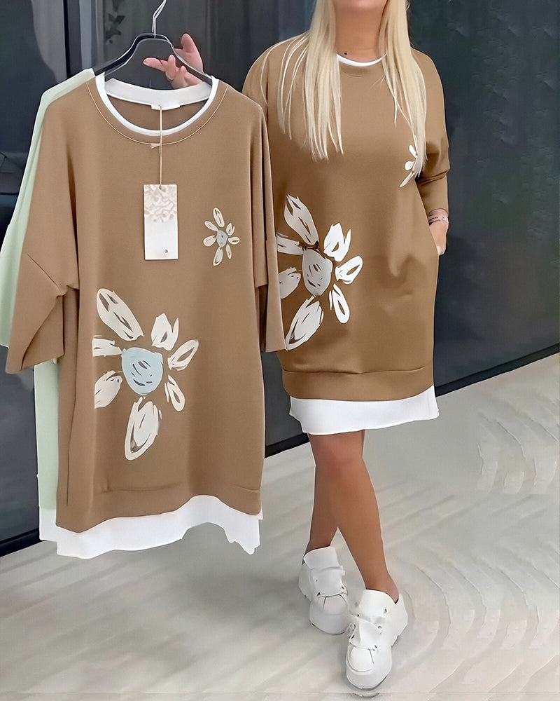 Sweatshirt-Kleid Rundhals bedruckt Patchwork