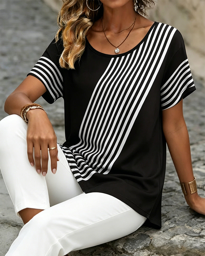 T-Shirt Diagonaler Streifen Patchwork Rundhals