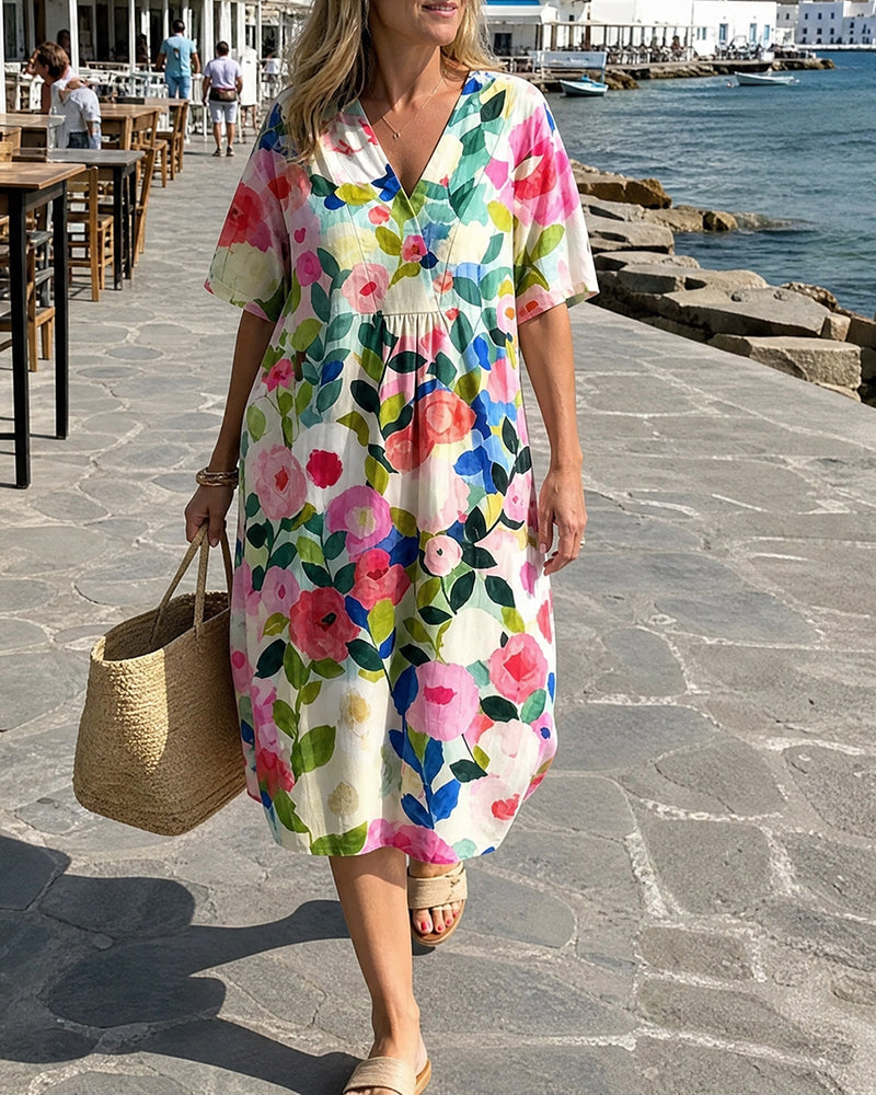 Kleid Aquarell Blumen V-Ausschnitt