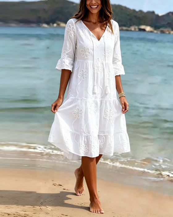 Kleid V-Ausschnitt A-Saum Rüsche