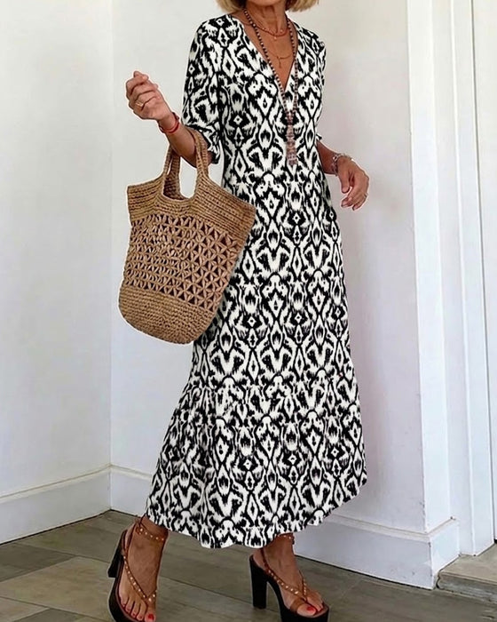 Kleid V-Ausschnitt Halblanger Ärmel Rüsche A-Linie