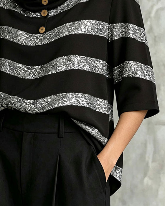 Bluse Geometrischer Streifen Geraffte Taille Kordelzug