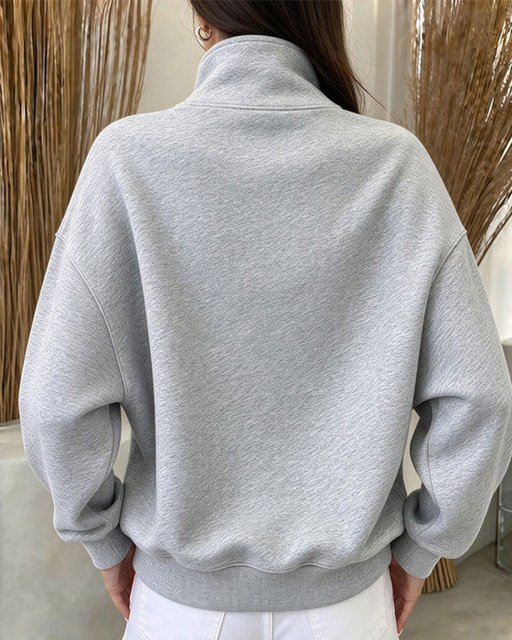 Sweatshirt Hoher Kragen Geknöpft Langarm