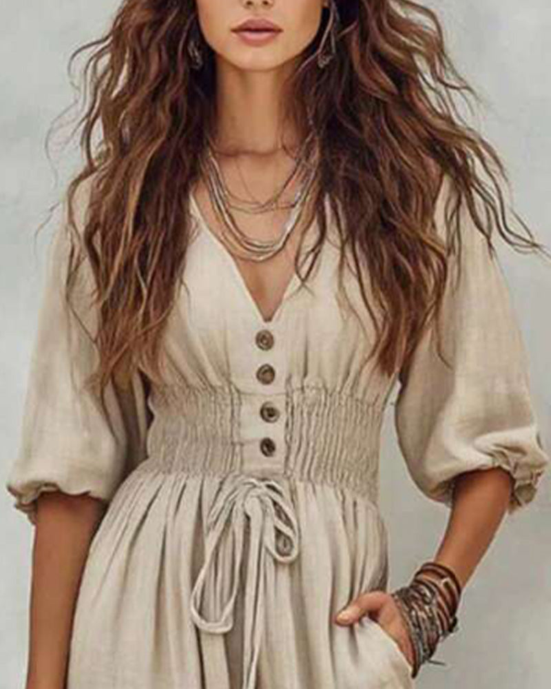 Overall V-Ausschnitt Knopf Elastische Taille Puffärmel