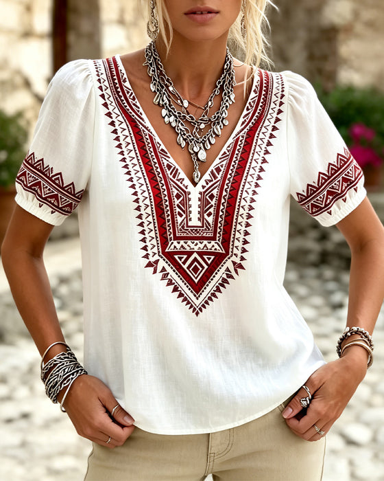 Bluse V-Ausschnitt Bohemian Puffärmel