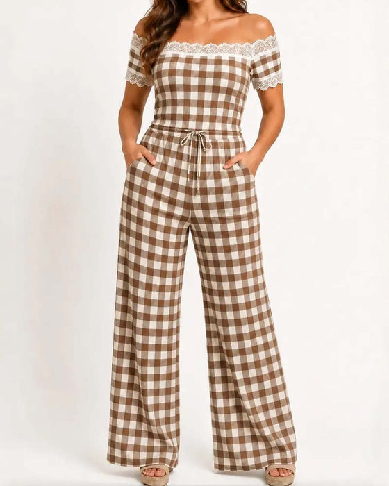 Set Off-Shoulder Spitzenbesatz Streifen Breites Bein Hose