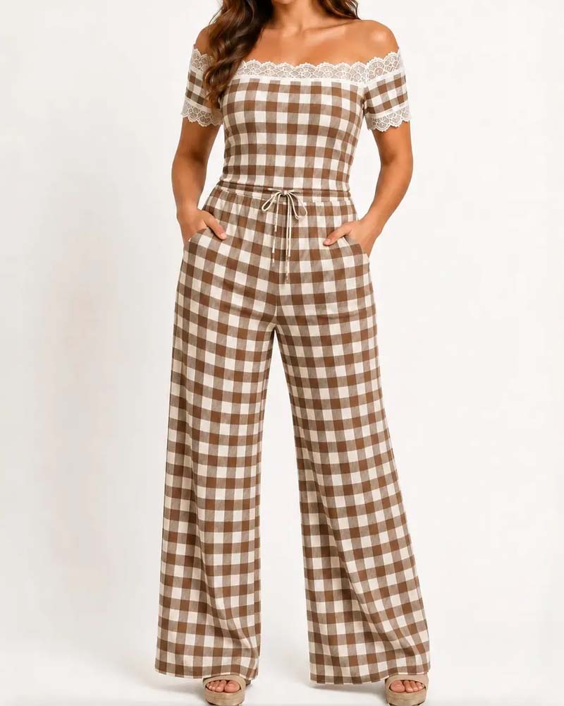 Set Off-Shoulder Spitzenbesatz Streifen Breites Bein Hose