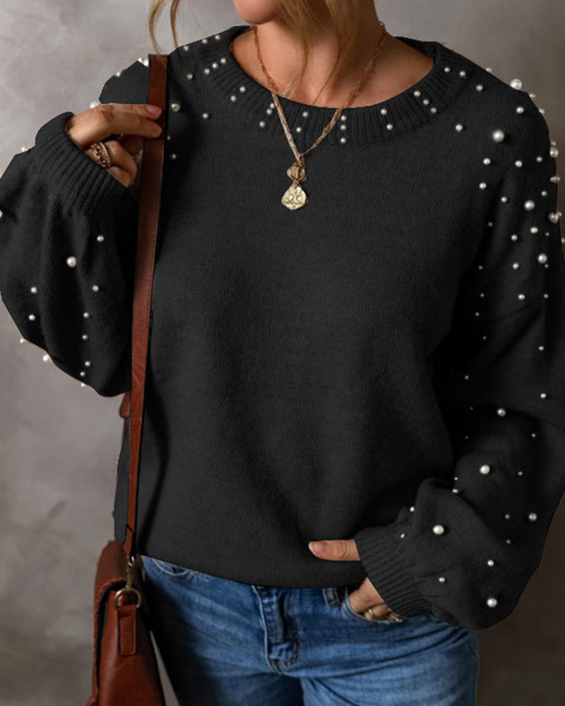 Pullover Mit Perlen Lange Ärmel Rundhals