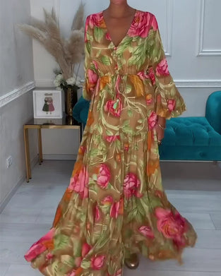 Kleid V-Ausschnitt Weiter Rock Blumen