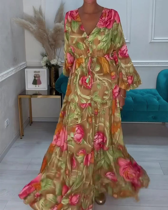 Kleid V-Ausschnitt Weiter Rock Blumen