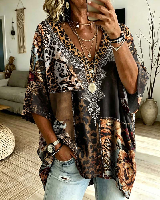 Bluse Leopard V-Ausschnitt Lässig