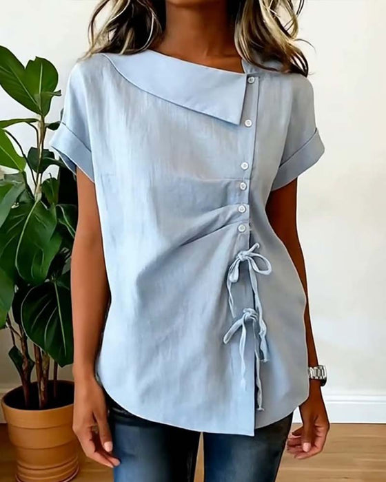 Bluse Diagonal Kordelzug Binden Kurzarm