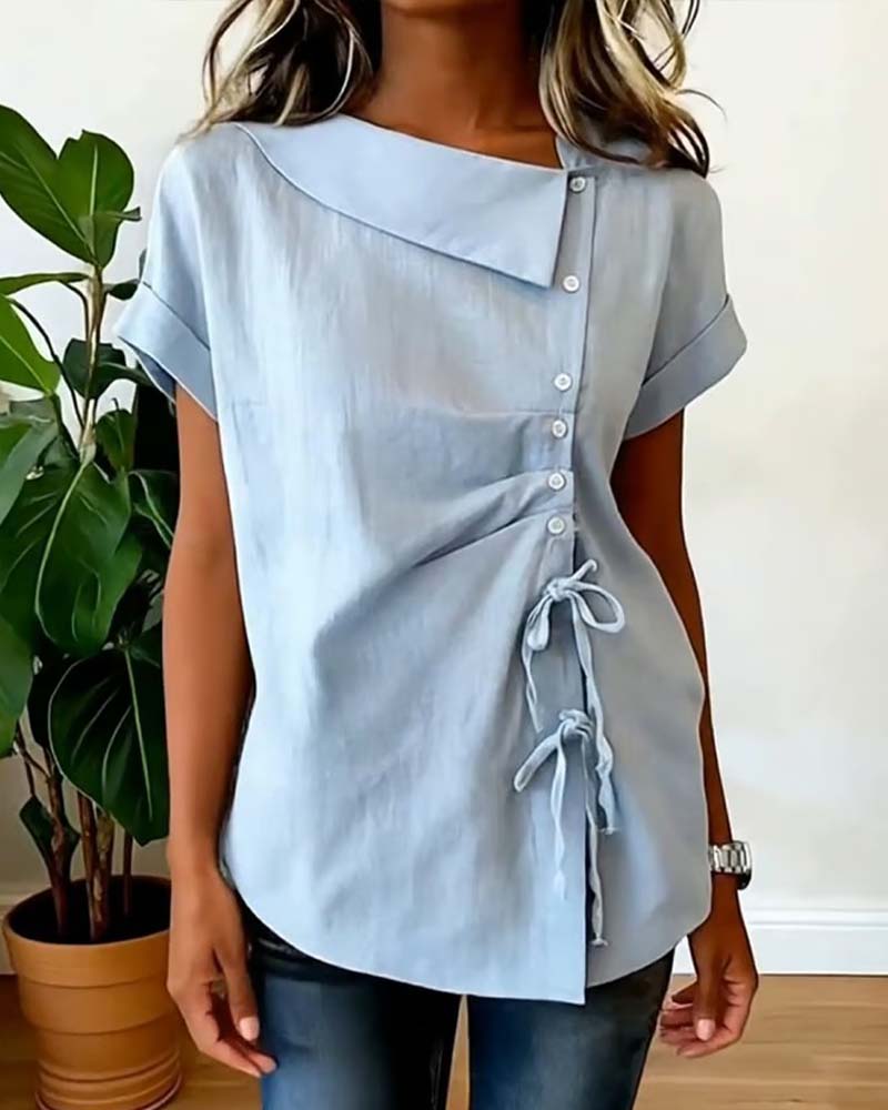 Bluse Diagonal Kordelzug Binden Kurzarm